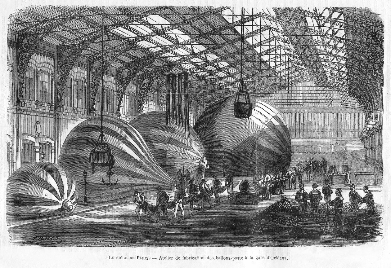 تصنيع بالونات البريد في Gare d'Orleans أثناء حصار باريس ، حانة. 1871 (نقش) بواسطة تشارلز فيشوت