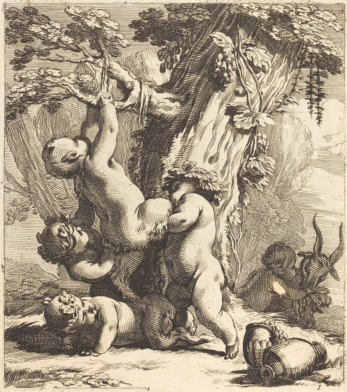 Putti و Fauns يتسلقون شجرة العنب بواسطة ميشيل دوريني