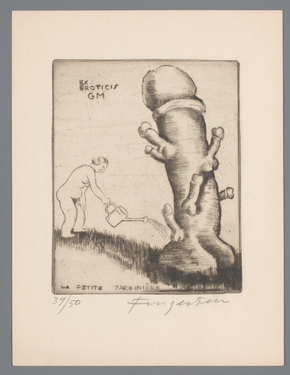 Ex libris van Gianni Mantero. السابق ليبريس فان جياني مانتيرو Exeroticis GM (العنوان على الكائن) La petite jardinière (العنوان على الكائن) بواسطة ميشيل فينجستين (توقيع الفنان)