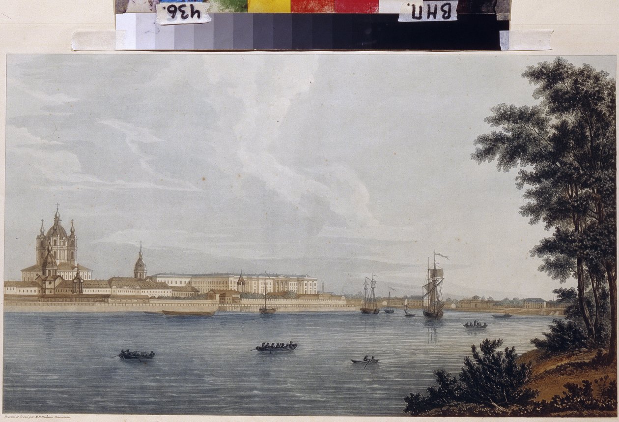 دير سمولني في سانت بطرسبرغ. عمل ميشال فرنسوا دامام دمرتريت (دامام دمرتريت) (1763-1827) نقش وألوان مائية بواسطة ميشيل فرانسوا دامام دمارتريه