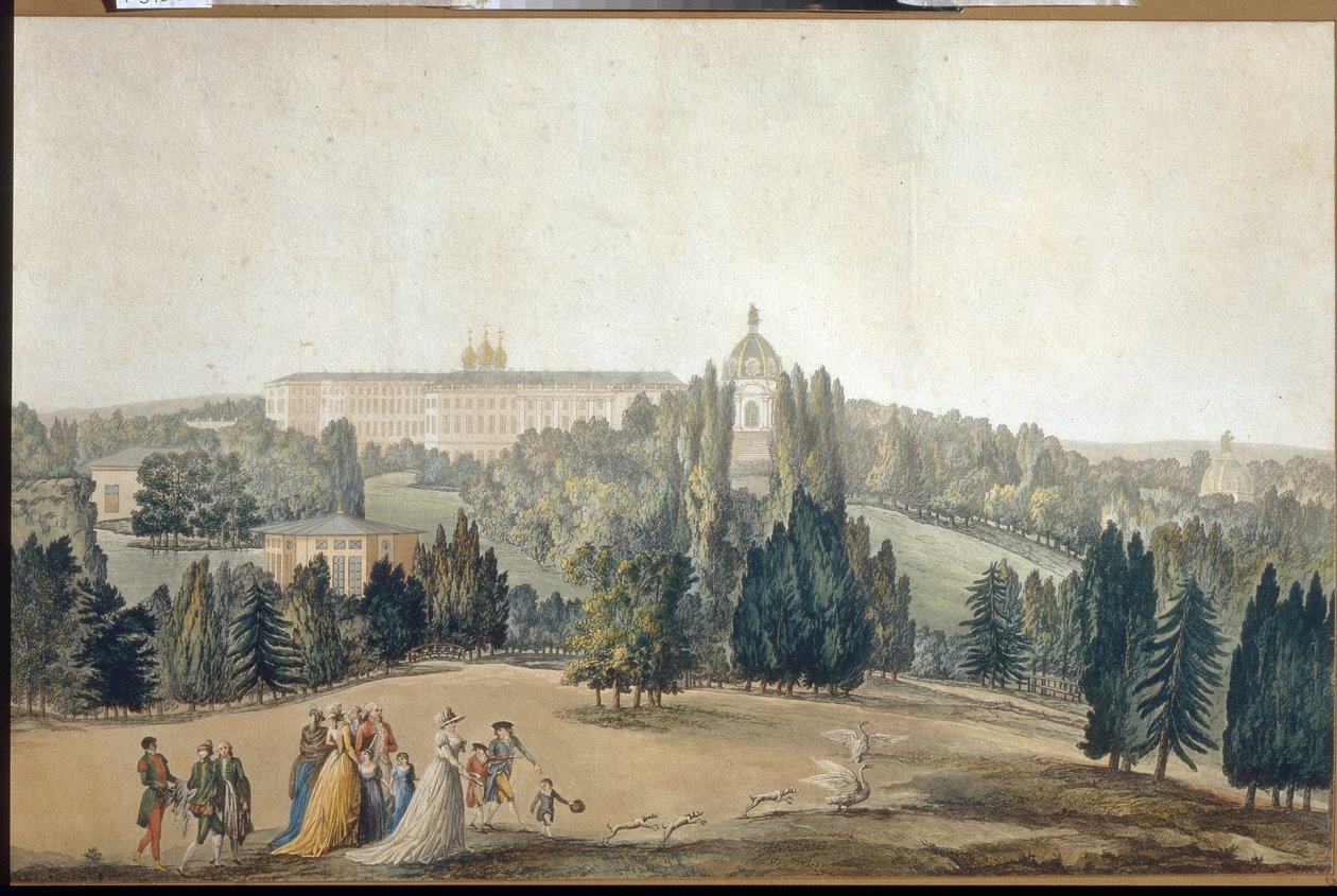 منظر تساركوي سيلو (سانت بطرسبرغ). منتزه الإمبراطورة كاثرين الثانية (1729-1796). (منظر لـ Tsarkoye Selo. الإمبراطورة كاثرين الثانية تمشي). عمل ميشال فرانسوا دامام دمارتريه (1763-1827) حفر وألوان مائية. الفن الفرنسي بواسطة ميشيل فرانسوا دامام دمارتريه