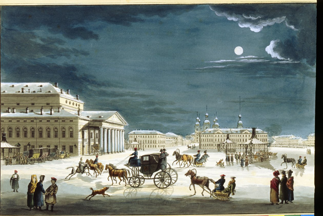 Le Theatre Imperial Bolshoi Kamenny a Saint Petersburg (مسرح سانت بطرسبرغ الإمبراطوري البولشوي كاميني). عمل ميشيل فرانسوا دامام دمارتريت (1763-1827) ، نقش ميز إن كوليور إيه لاكواريلي ، حوالي عام 1800. Art francais بواسطة ميشيل فرانسوا دامام دمارتريه