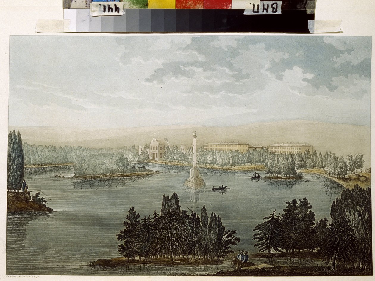 منظر لـ Tsarskoye Selo. عمود Chesme. (منظر لـ Tsarskoye Selo. عمود Chesme). عمل ميشال فرانسوا دامام دمرتريت (1763-1827) نقش ملون بالألوان المائية بواسطة ميشيل فرانسوا دامام دمارتريه