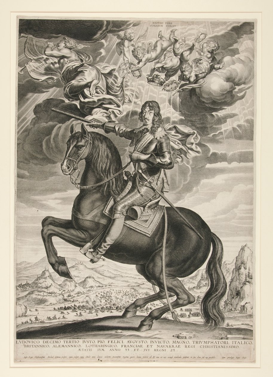 صورة للفروسية لويس الثالث عشر (بوربون) (1601-1603) في سن 33. المناظر الطبيعية بعد كالوت بواسطة ميشيل لاسن