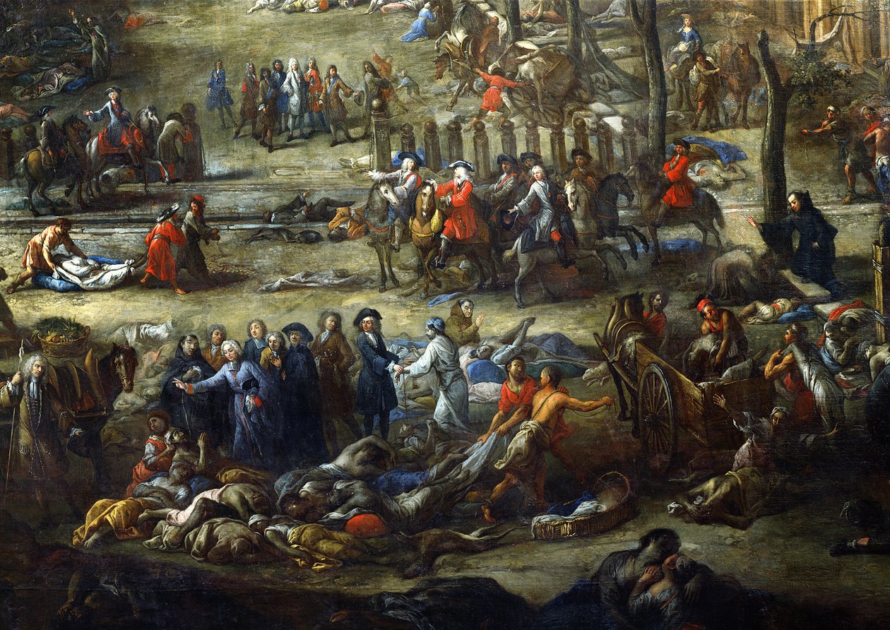 منظر لـ Cours Belsunce ، مرسيليا ، أثناء طاعون عام 1720 ، تفاصيل تصور كاردينال بيلسونسي مع مجموعة من جثث ضحايا الطاعون بواسطة ميشيل سر