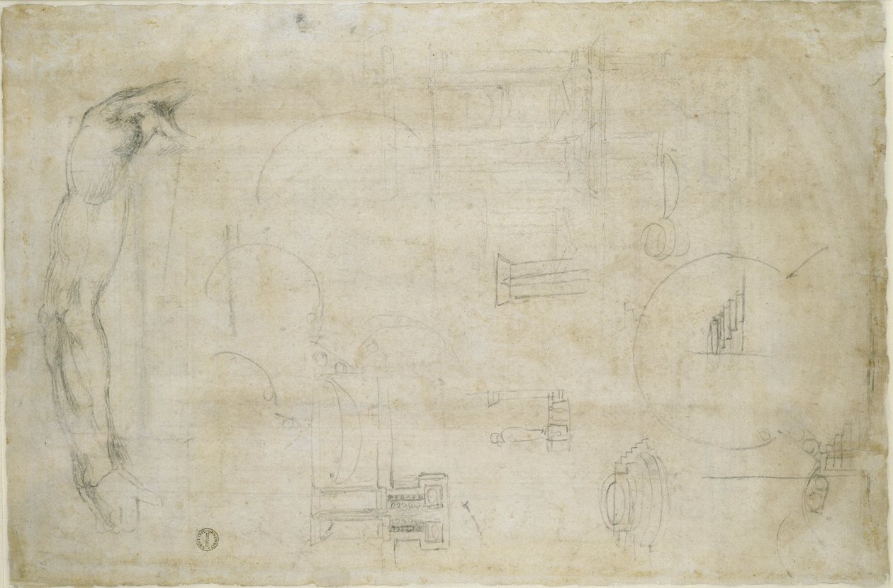دراسات معمارية وذراع رجل ، 1538-50 (طباشير أسود على ورق) بواسطة مايكل أنجلو بوناروتي