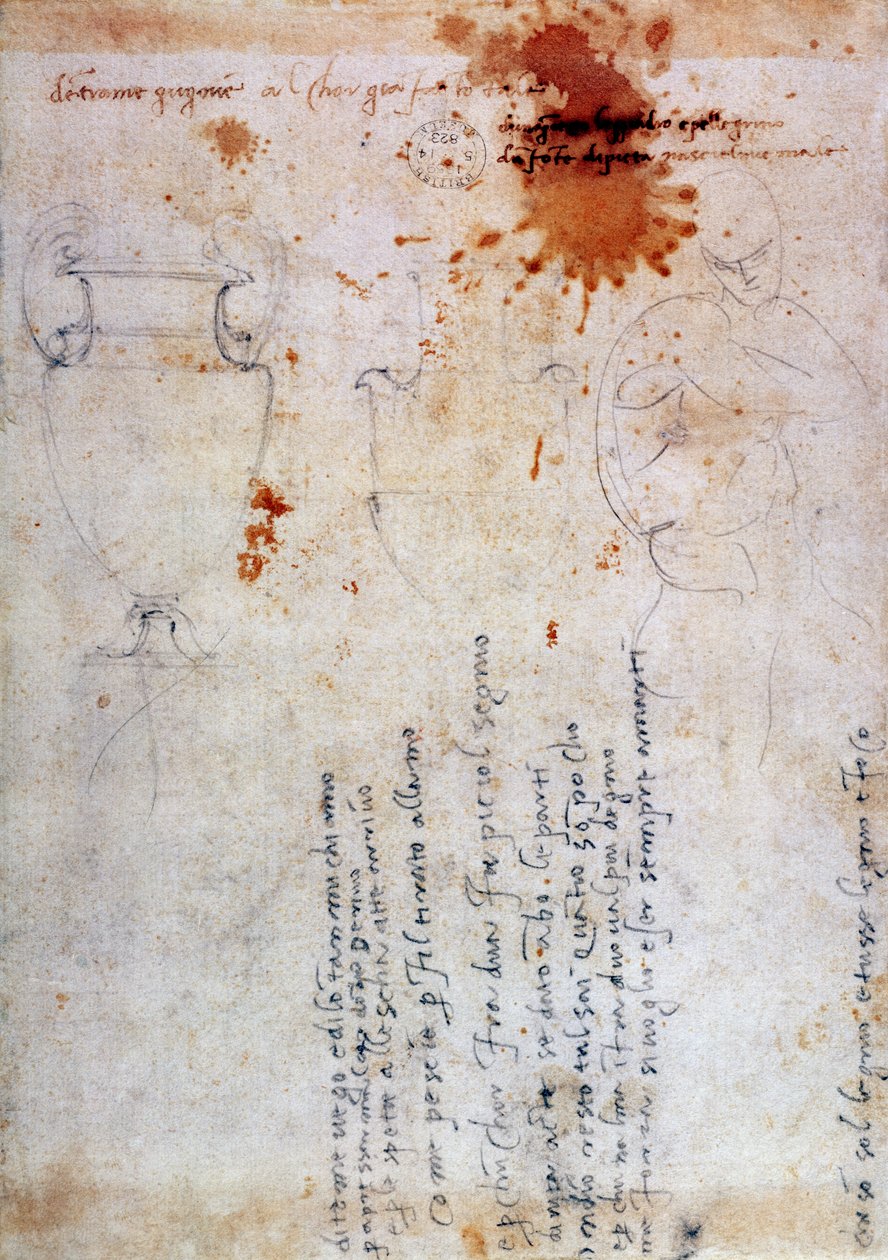 رسم لجرة وشكل مع ملاحظات (حبر بني وقلم رصاص على ورق) (الصفحة الرئيسية) بواسطة مايكل أنجلو بوناروتي