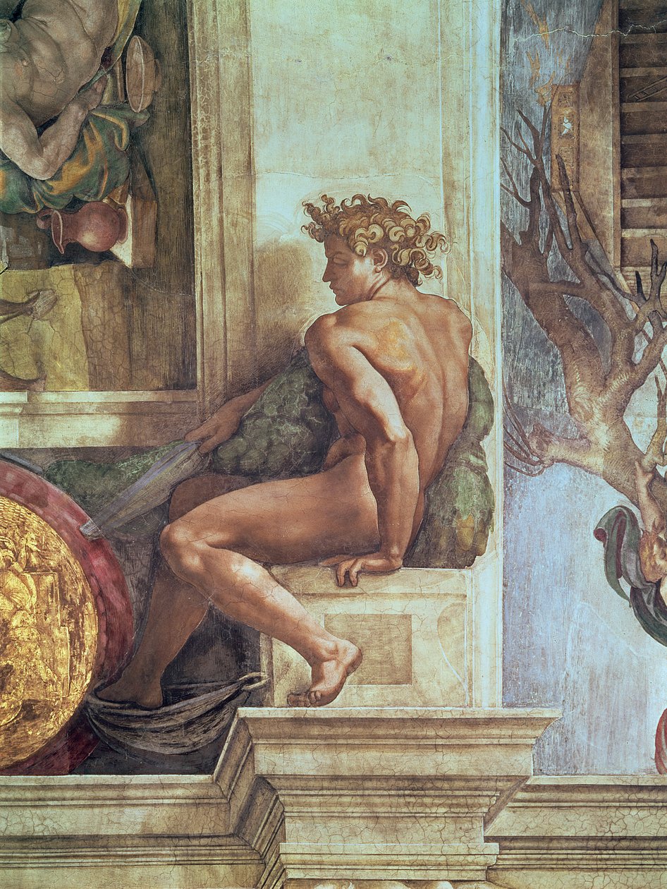 Ignudo من السقف Sistine (ما قبل الترميم) بواسطة مايكل أنجلو بوناروتي