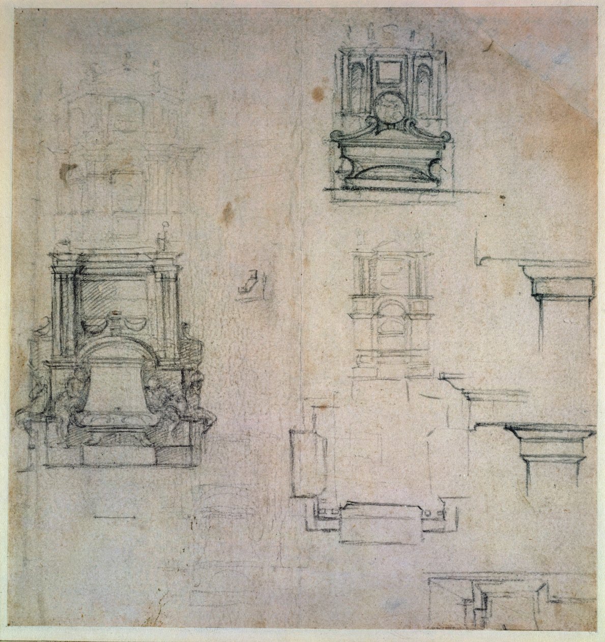 Inv. 1859 6-25-545. R. (W. 25) تصاميم للمقابر (طباشير أحمر) بواسطة مايكل أنجلو بوناروتي