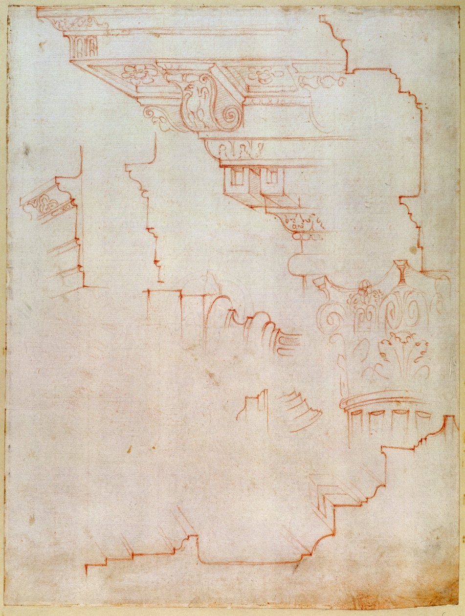 Inv. 1859 6-25-5602. R. (W.19) رسم التفاصيل المعمارية (الطباشير الأحمر) بواسطة مايكل أنجلو بوناروتي