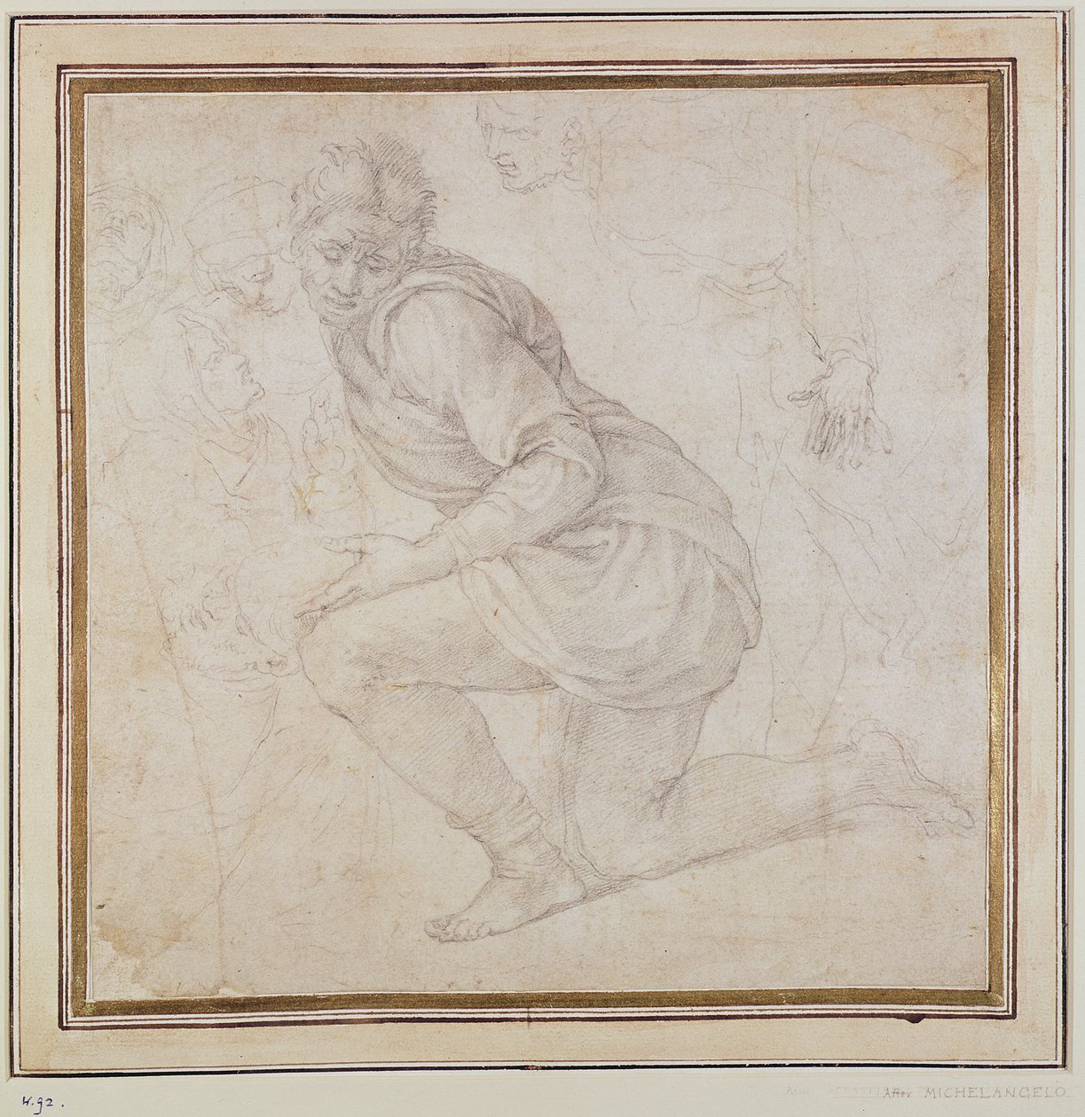 Inv. 5211-75 Fawkener Recto (W.92) راكع (رسم) بواسطة مايكل أنجلو بوناروتي