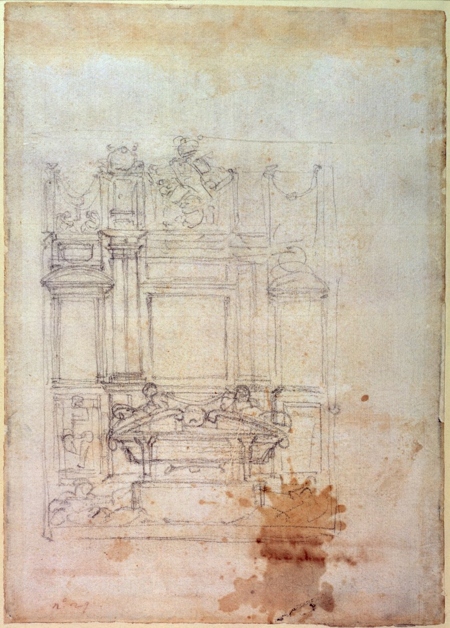 Inv. L859 6-25-823. R. (W.27) تصميم لمقبرة (الطباشير الأحمر) بواسطة مايكل أنجلو بوناروتي