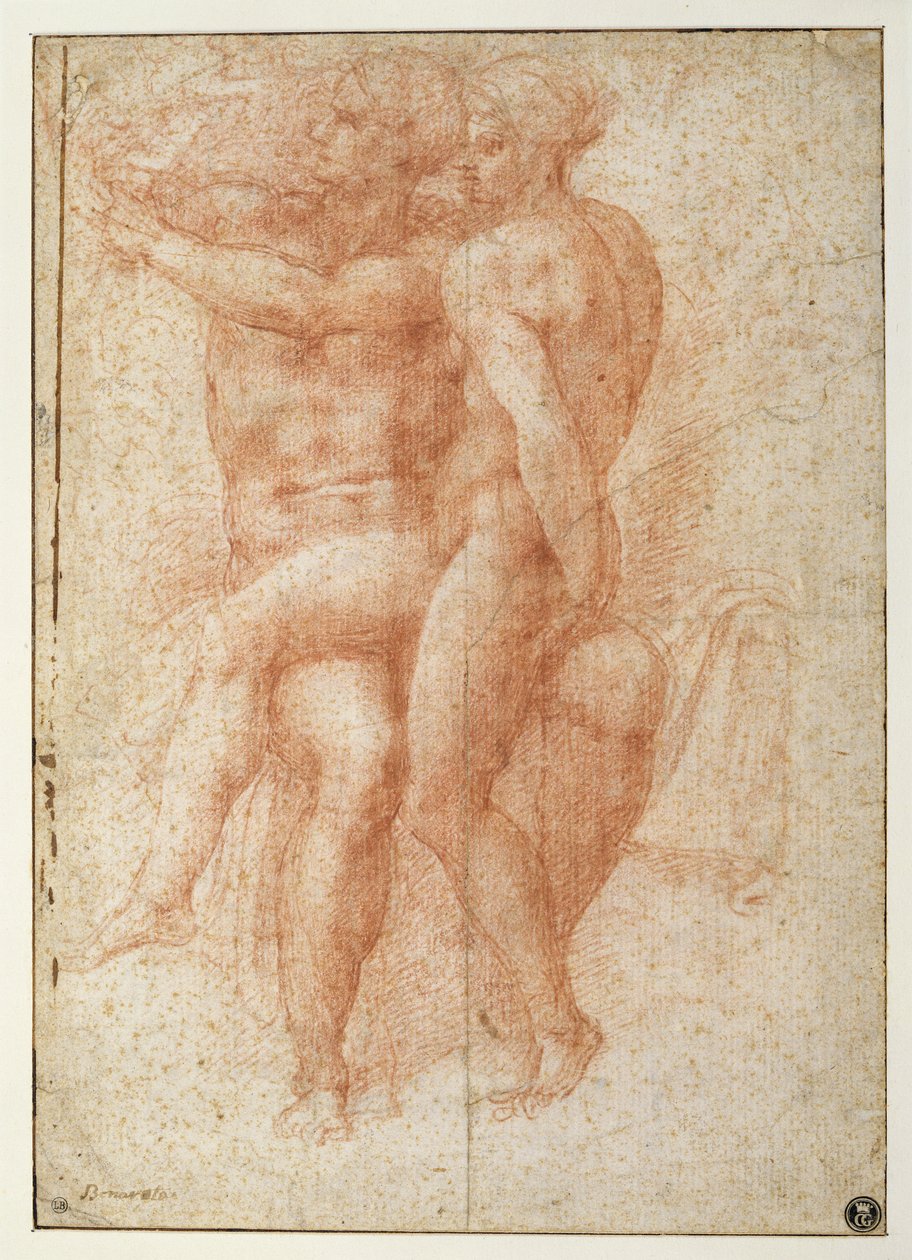 أنثى عارية جالسة على ركبتي رجل عاري جالس: آدم وحواء (متفائل على ورق) بواسطة مايكل أنجلو بوناروتي