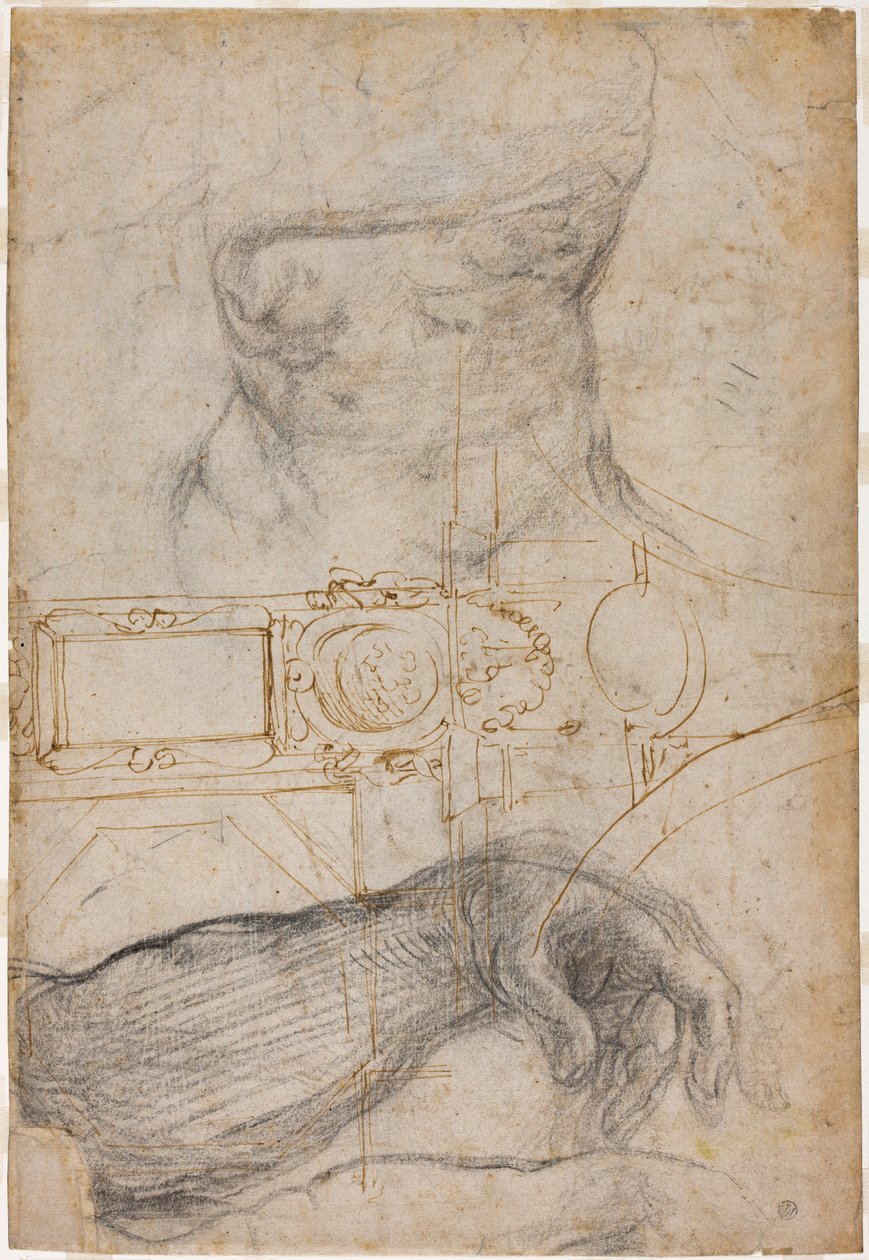 مخطط لتزيين سقف كنيسة سيستين ، c.1508 (قلم وحبر بني وطباشير أسود على ورق قشدي) بواسطة مايكل أنجلو بوناروتي