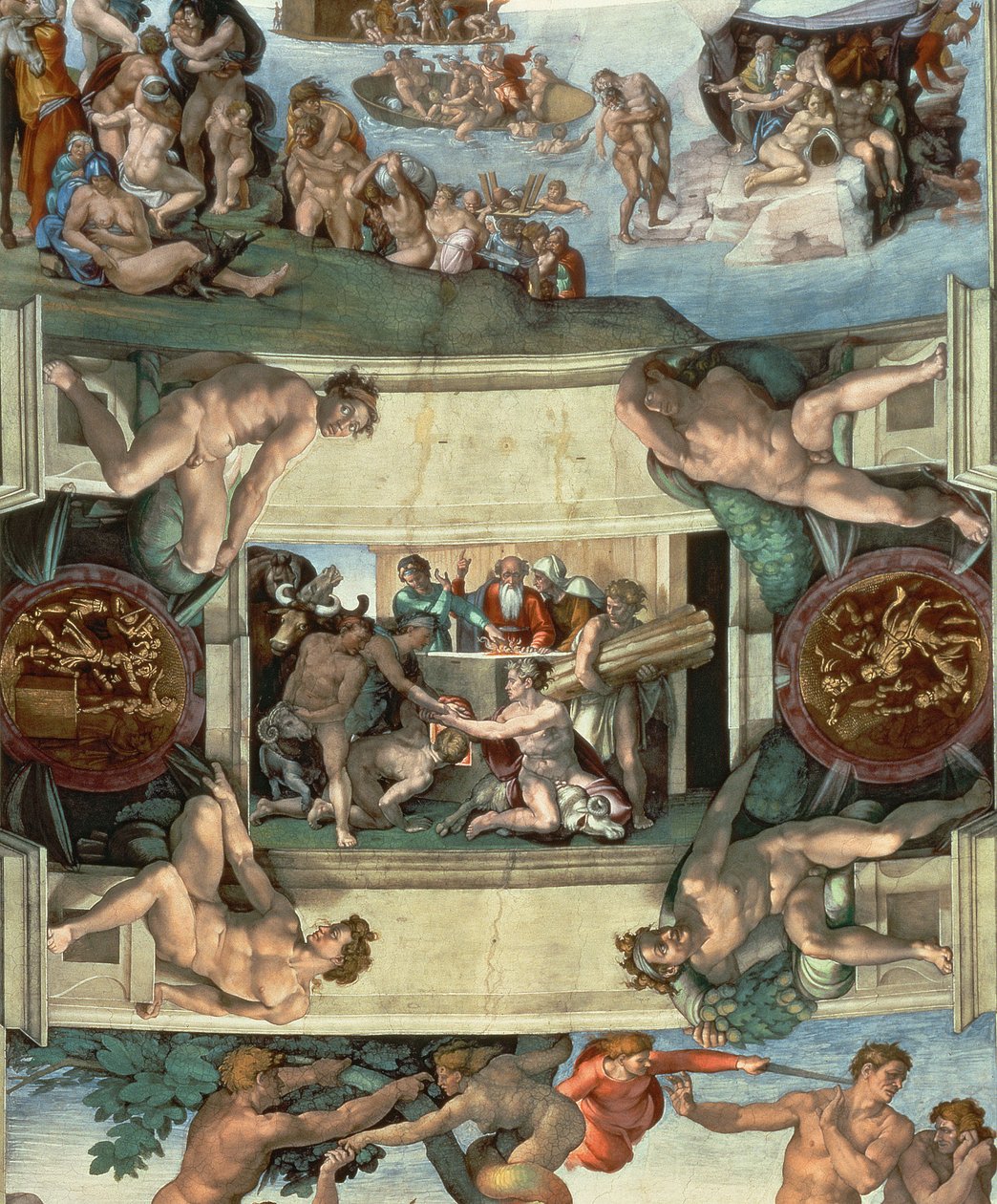 سقف كنيسة سيستين (1508-12): ذبيحة نوح ، 1508-10 (بعد الترميم) بواسطة مايكل أنجلو بوناروتي