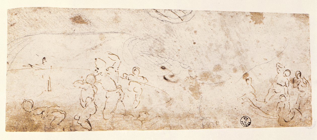 سقف كنيسة سيستين (1508-12): رسم تخطيطي لأشكال "الفيضان" (قلم وحبر بني) بواسطة مايكل أنجلو بوناروتي