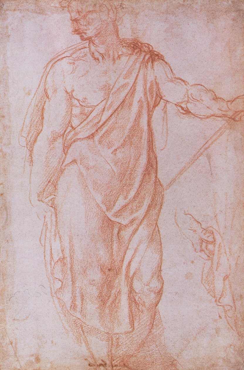 رسم تخطيطي لرجل يحمل عاملاً ودراسة يد (طباشير أحمر على ورق) بواسطة مايكل أنجلو بوناروتي