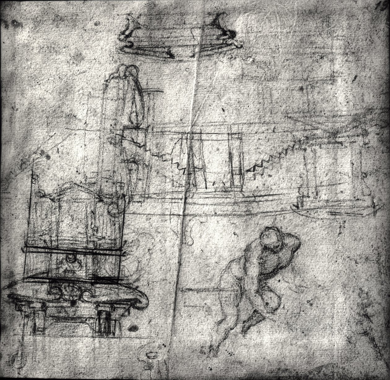 رسم مع الدراسات المعمارية وعارية الذكور بواسطة مايكل أنجلو بوناروتي