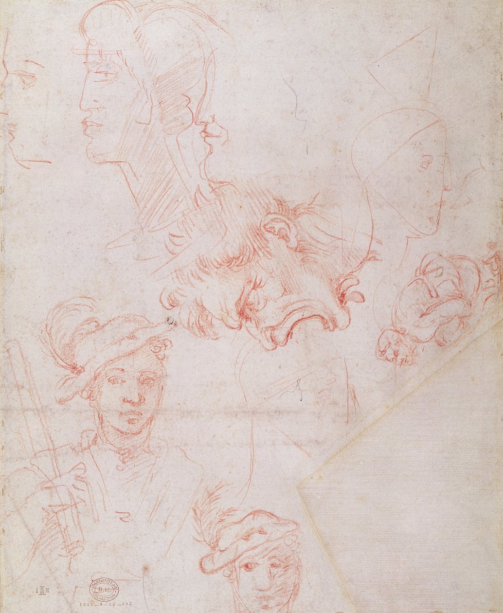 دراسات الرؤوس ، 1508-12d (الطباشير الأحمر على الورق) (الصفحة الرئيسية) بواسطة مايكل أنجلو بوناروتي