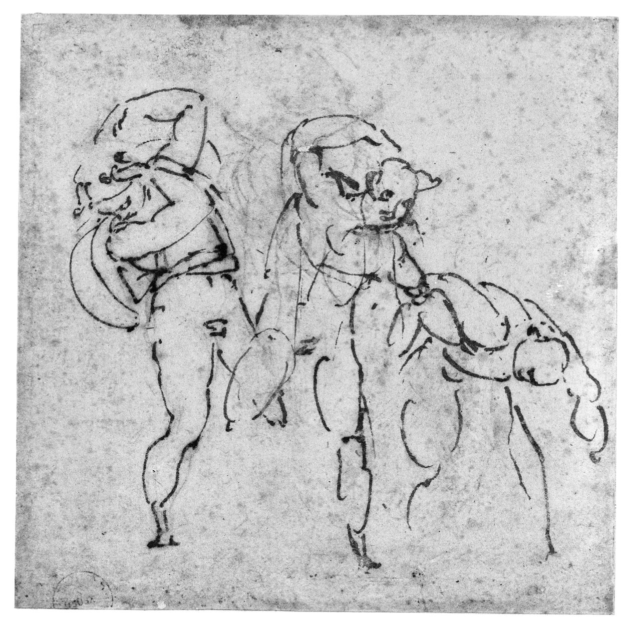 دراسة ثلاثة أشكال ، c.1517-20 (قلم وحبر بني فوق نقطة الرصاص على ورق أبيض عاجي) بواسطة مايكل أنجلو بوناروتي