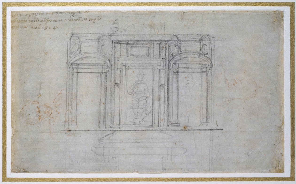 دراسة المستوى العلوي لقبر ميديشي ، c.1520 (طباشير أسود وأحمر على ورق) بواسطة مايكل أنجلو بوناروتي