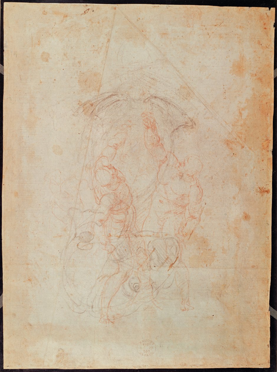 دراسة لشخصين من الذكور (الطباشير الأحمر على الورق) (الصفحة الرئيسية) بواسطة مايكل أنجلو بوناروتي