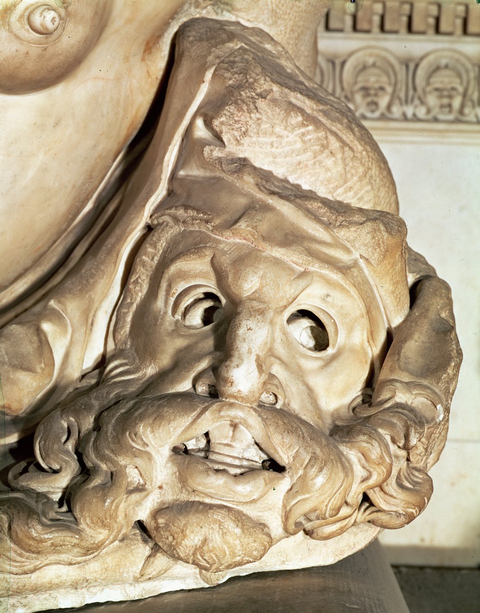 قبر جوليانو دي ميديشي 1478-1516 تفاصيل القناع المأساوي تحت ذراع الليل ، رخام 1520-34 بواسطة مايكل أنجلو بوناروتي