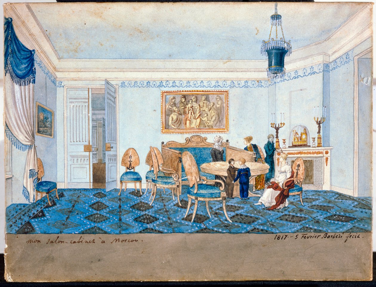 منظر لغرفة المعيشة في مقر إقامة الأميرة زينايدا ألكسندروفنا فولكونسكايا (1792-1862) في موسكو - عمل مايكل أنجلو باربيري (نشط في أوائل القرن التاسع عشر) بواسطة مايكل أنجلو باربيري