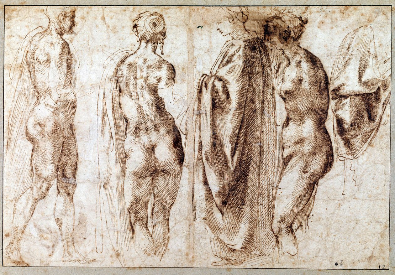 مجموعة من أربعة شخصيات واقفة وستارة رسم بقلم مايكل أنجلو بوناروتي ديت مايكل أنجلو (مايكل أنجلو أو ميشيل أنج) بواسطة مايكل أنجلو بوناروتي