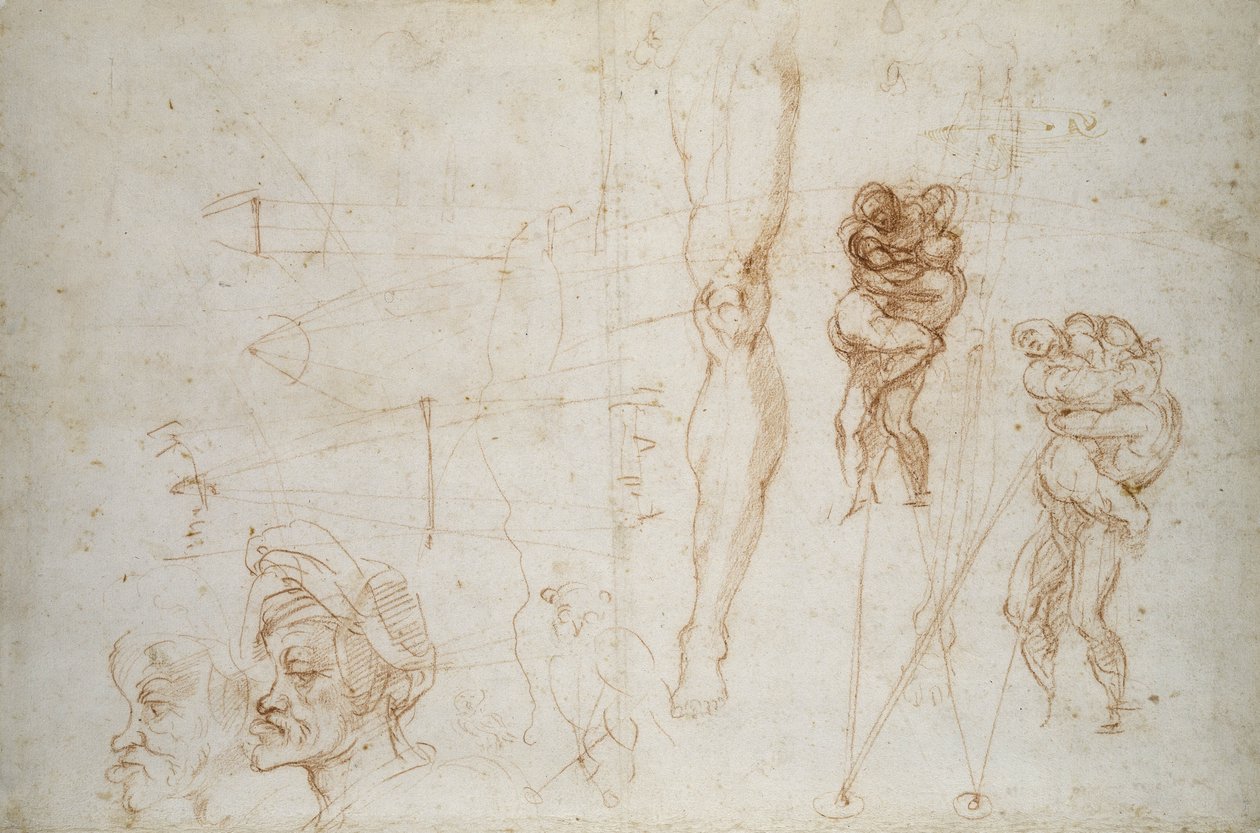 هرقل وأنتايوس ودراسات أخرى ، c.1525-28 (الطباشير على الورق) بواسطة مايكل أنجلو بوناروتي