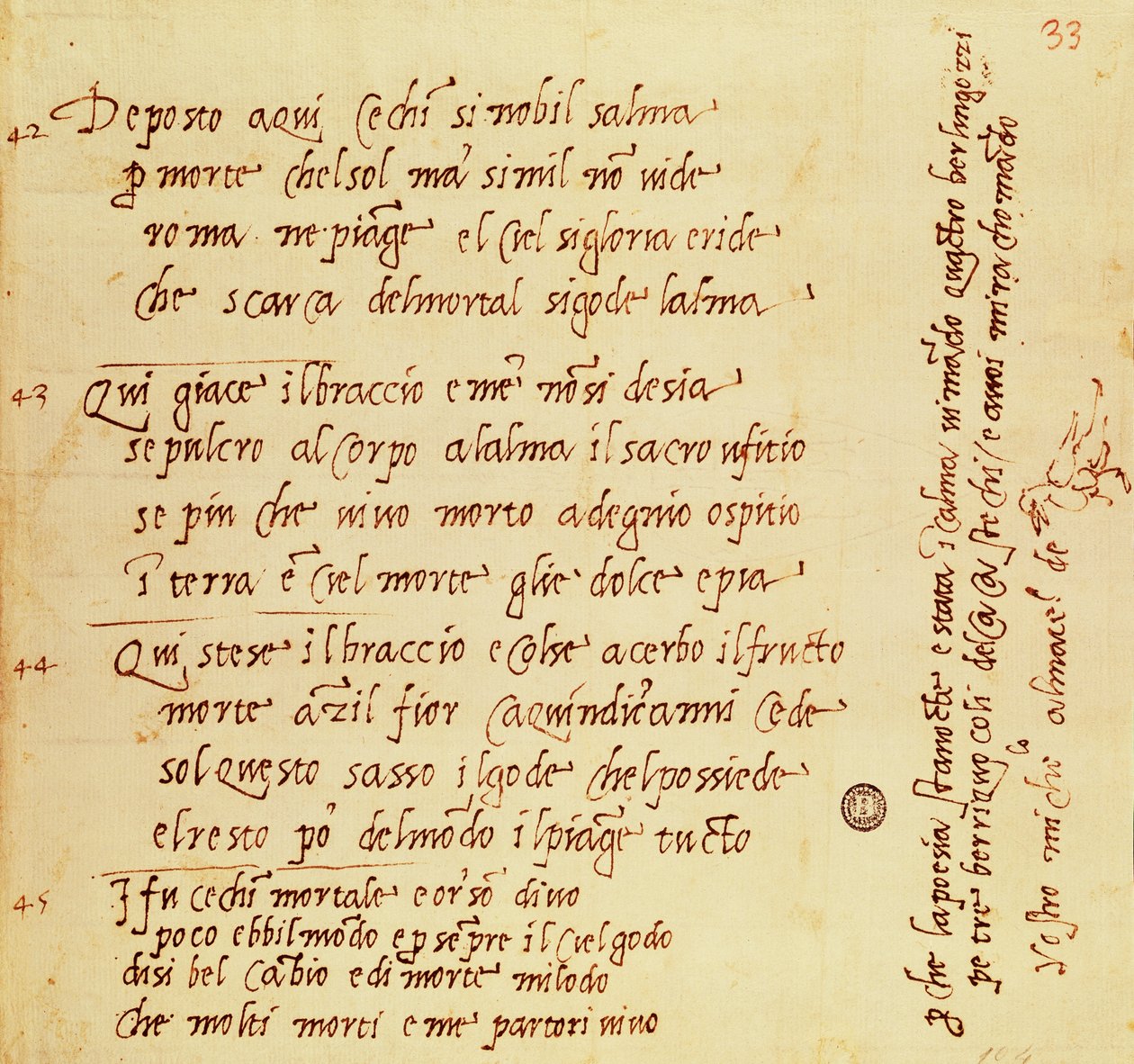 مخطوطة قصيدة لمايكل أنجلو بوناروتي (1475-1564) بواسطة مايكل أنجلو بوناروتي