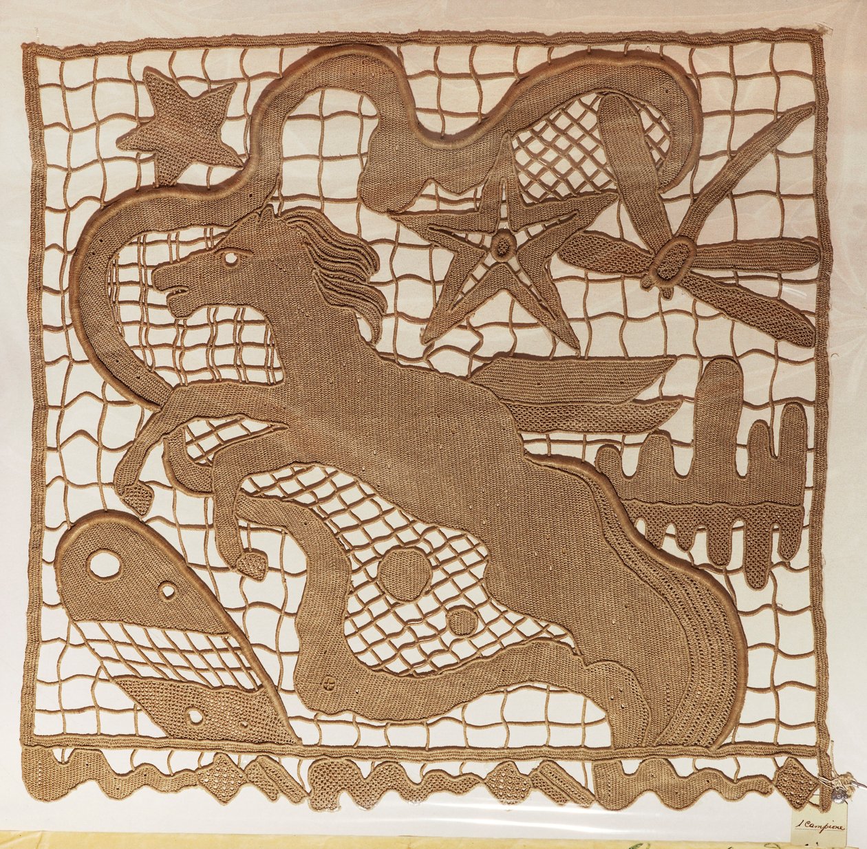 Sample of needle lace and inserts for curtains, with patterns drawn from work made by artist Giulio Rosso, Michelangelo Jesurum Manufacture بواسطة مايكل أنجلو بوناروتي