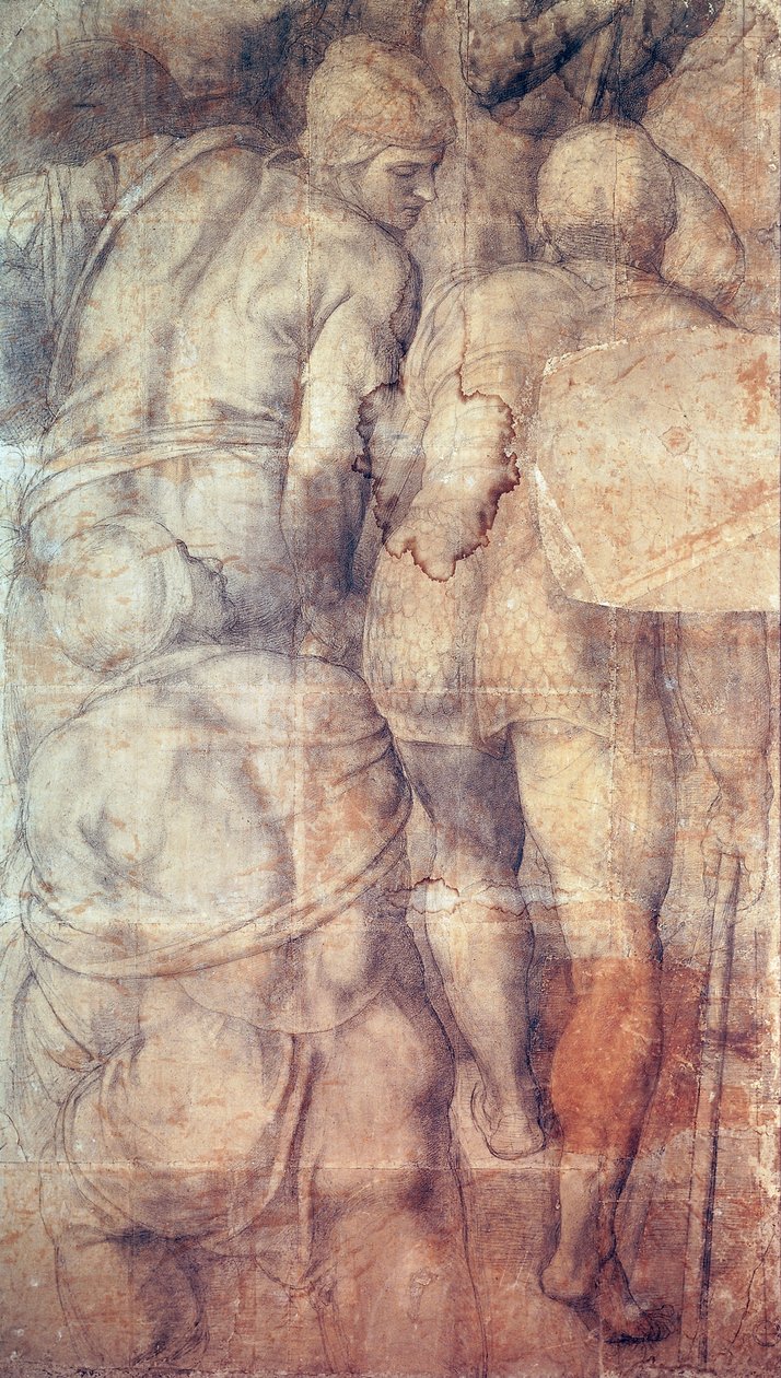 جنود ، بواسطة مايكل أنجلو (1475-1564) ، رسم كاريكاتوري تحضيري (رسم سفلي) للجدار الجداري لصلب القديس بطرس الذي تم إنشاؤه في كنيسة بولين في قصر الفاتيكان بواسطة مايكل أنجلو بوناروتي