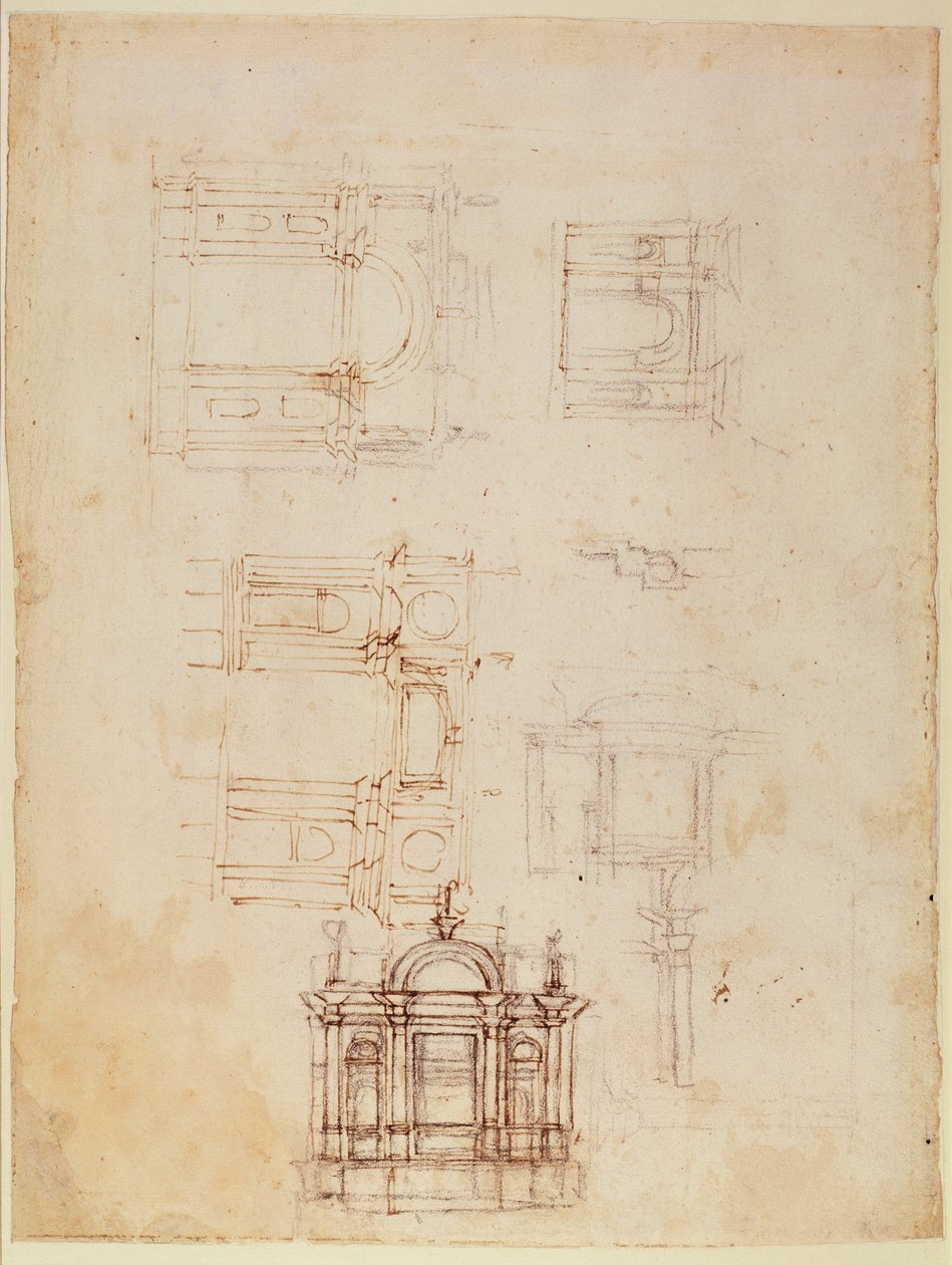 دراسات عن التركيب المعماري على شكل قوس النصر ، c.1516 (الطباشير الأسود مع القلم والحبر البني على الورق) (المستقيم) (في المقابل انظر 191776) بواسطة مايكل أنجلو بوناروتي