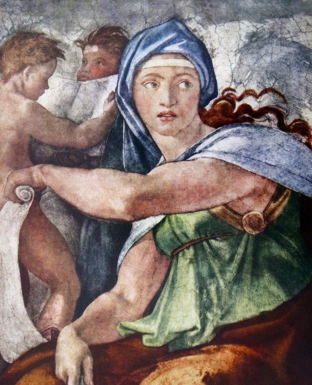 The Delphic Sibyl (تفاصيل من كنيسة سيستين ، الفاتيكان ، روما) 1509 بواسطة Michelangelo (1475-1564). بواسطة مايكل أنجلو بوناروتي