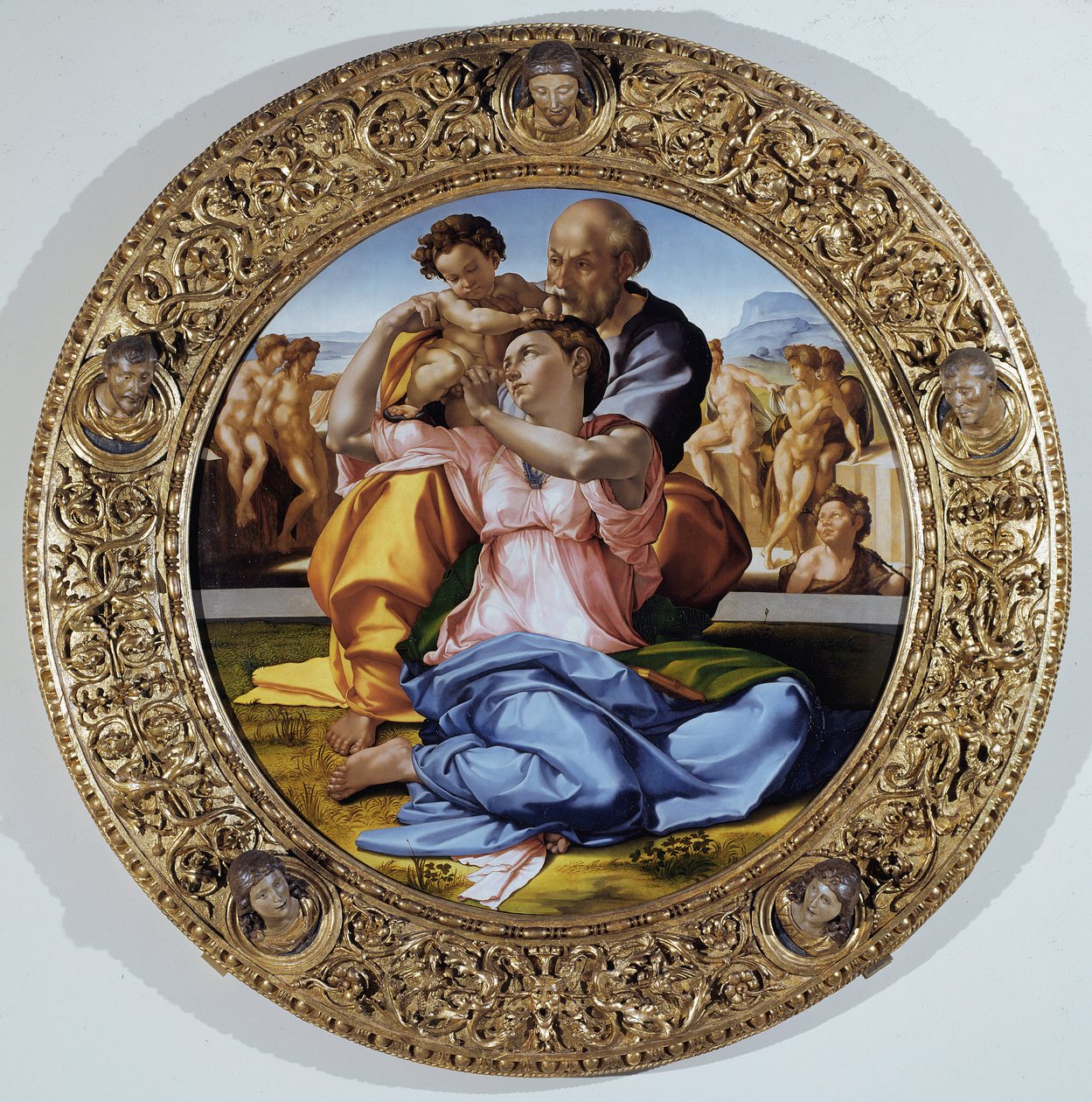 Tondo Doni: The Holy Family with Saint John the Baptist Child - oil on panel بواسطة مايكل أنجلو بوناروتي