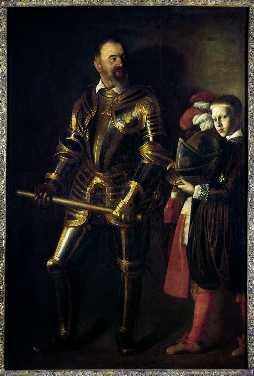 صورة على سفح Alof de Wignacourt (1547-1622) Grand Master of the Order of Malta من 1601 إلى 1622 ، وصفحته رسم بواسطة Michelangelo Merisi dit Le Caravaggio ou il Caravaggio (1571-1610) 1608 Sun. 1،94x1،34 م بواسطة مايكل أنجلو ميريسي دا كارافاجيو