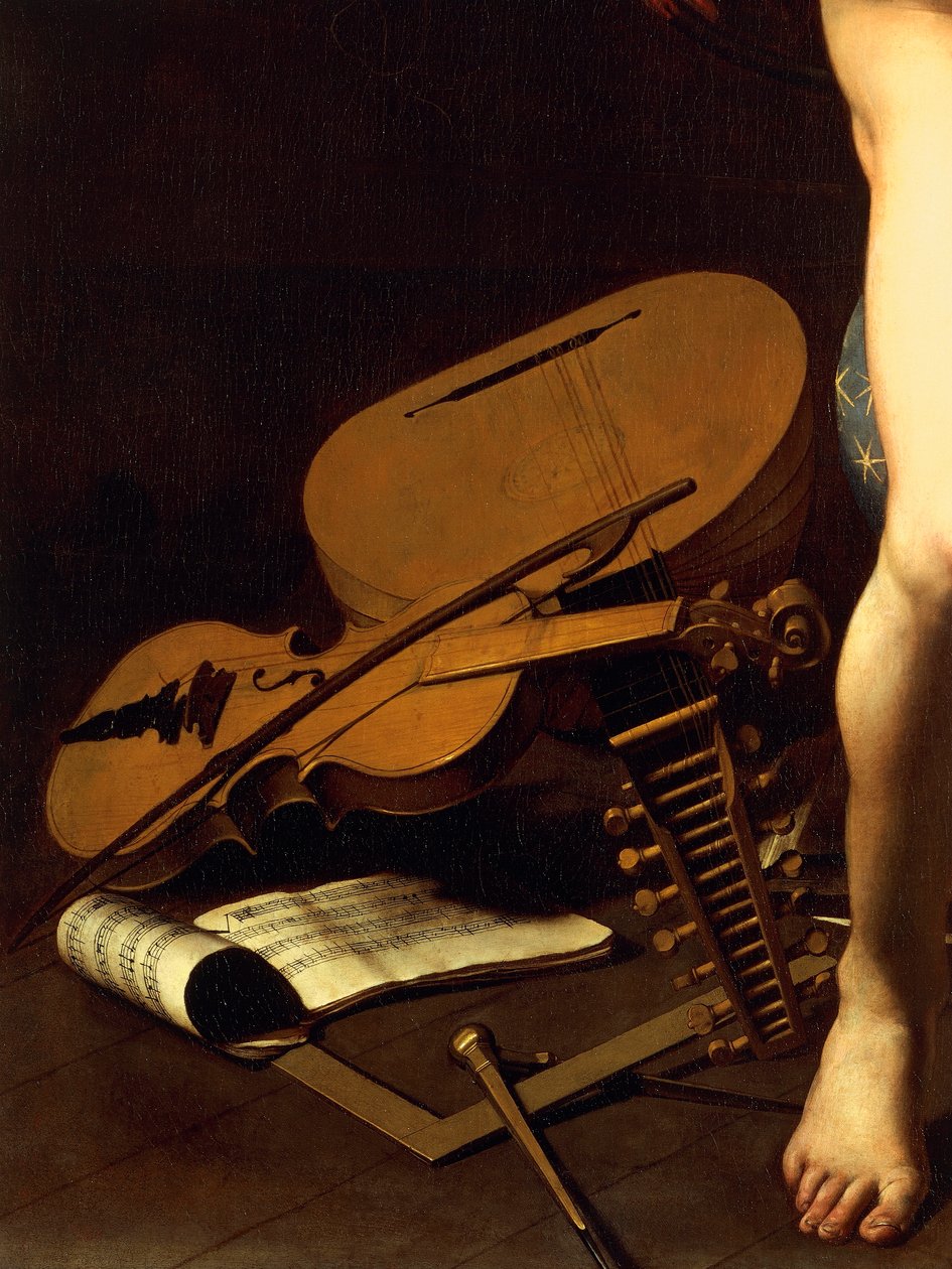 Representation of musical instruments, detail of Amor Victorious, c.1602 (oil on canvas) بواسطة مايكل أنجلو ميريسي دا كارافاجيو