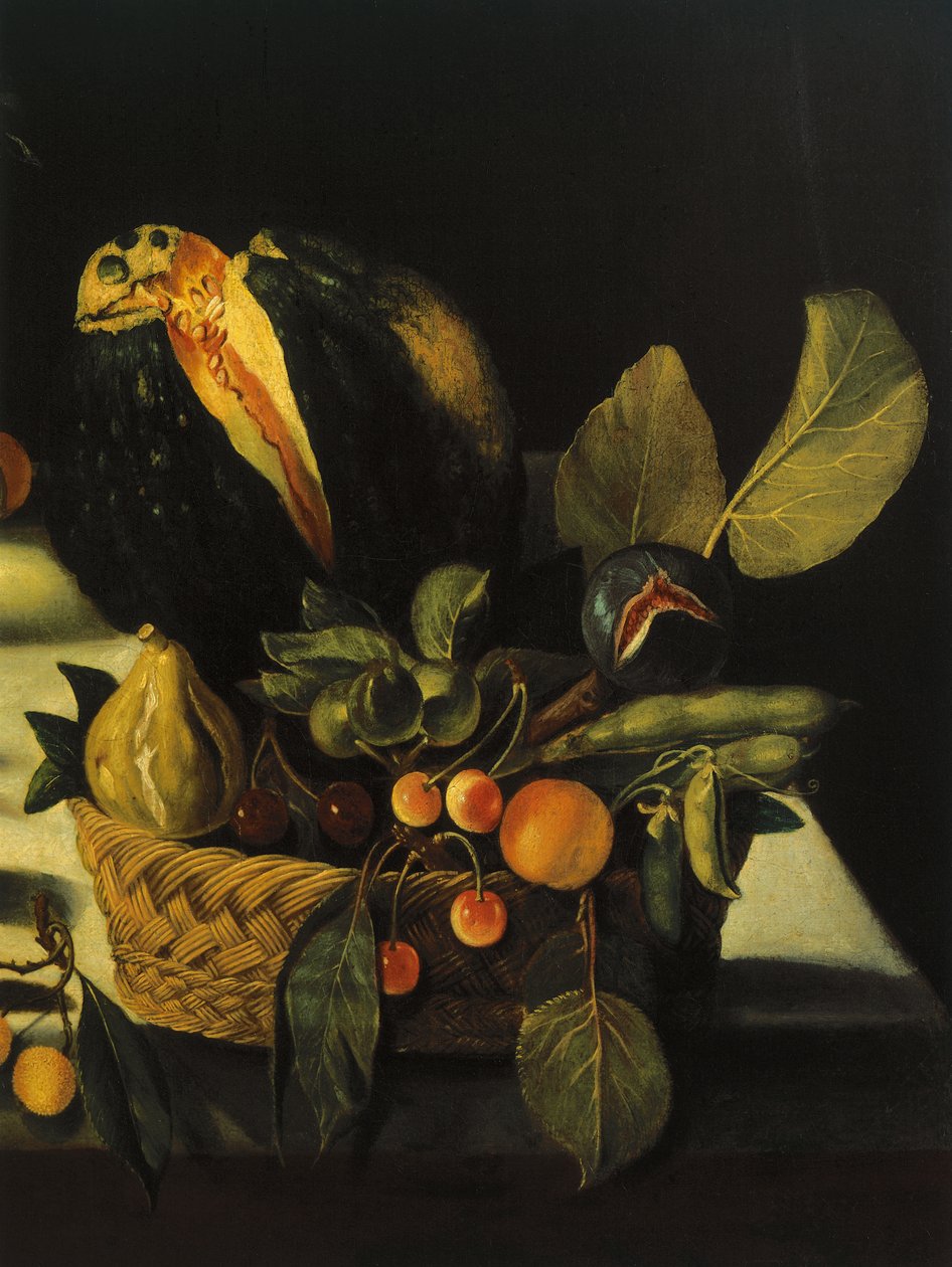 Still life with flowers and fruit, by Master of the Hartford Still Life, c.1600-10 (oil on canvas) (detail of 507174) بواسطة مايكل أنجلو ميريسي دا كارافاجيو