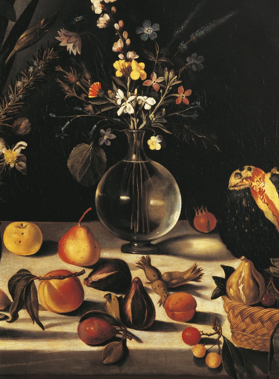 Still life with flowers and fruit, by Master of the Hartford Still Life, c.1600-10 (oil on canvas) (detail of 507174) بواسطة مايكل أنجلو ميريسي دا كارافاجيو