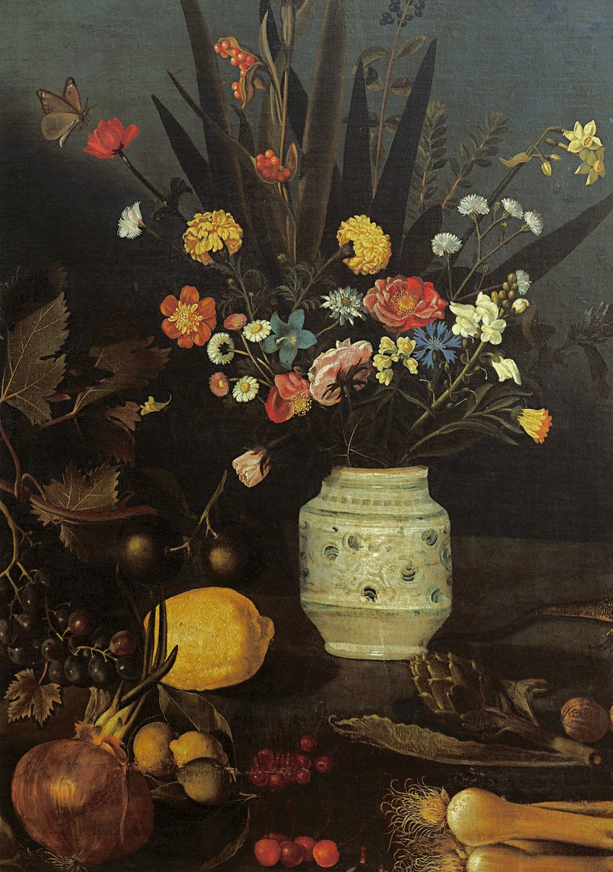 Still life with flowers and plants (oil on canvas) (detail of 624933) بواسطة مايكل أنجلو ميريسي دا كارافاجيو