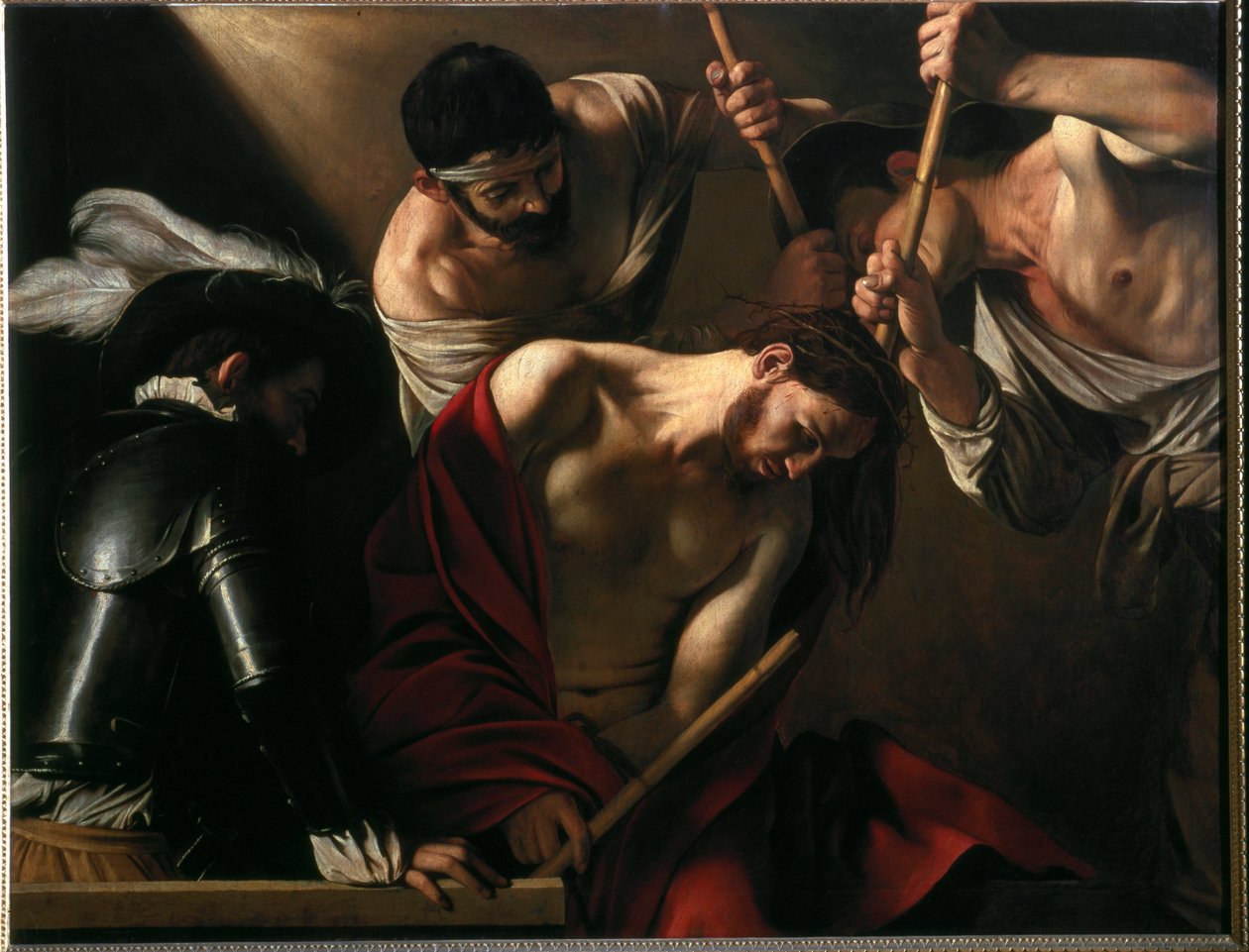 The Crowning with Thorns (oil on canvas, c.1602-1604) بواسطة مايكل أنجلو ميريسي دا كارافاجيو