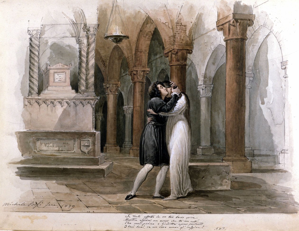 I Capuleti e i Montecchi (Les Capulet et les Montaigu) لفينشنزو بيليني ، عرض في مسرح فينيس في البندقية. جيوديتا باستا وجوليا جريسي يؤدون مسرحية روميو وجولييت. لوحة مائية من ميشيل بيسي بواسطة ميشيل بيسي