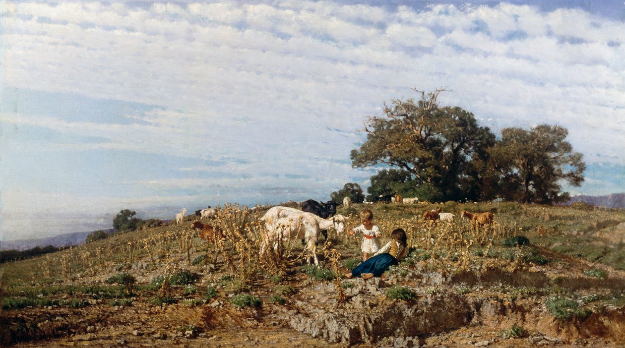 Countryside with shepherds and goats, by Michele Cammarano (1835-1920) بواسطة ميشيل كامارانو