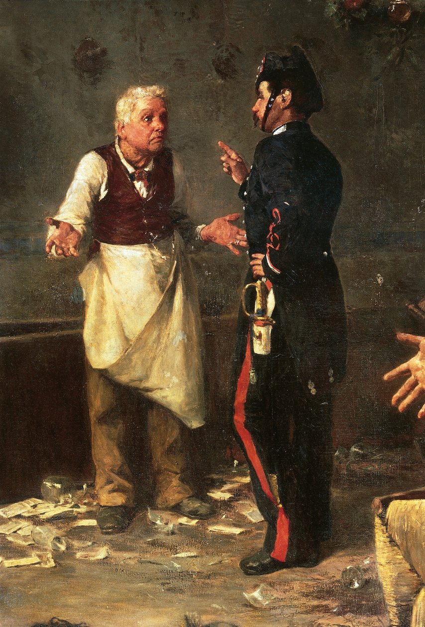 Detail from A game of Trumps or Brawl in Trastevere showing Policeman and innkeeper بواسطة ميشيل كامارانو