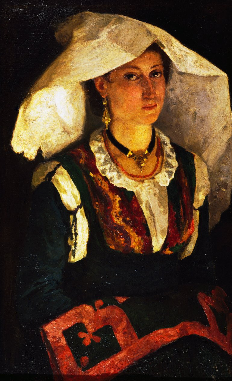 Woman in Sardinian costume, ca 1875, by Michele Cammarano (1835-1920), oil on canvas. بواسطة ميشيل كامارانو