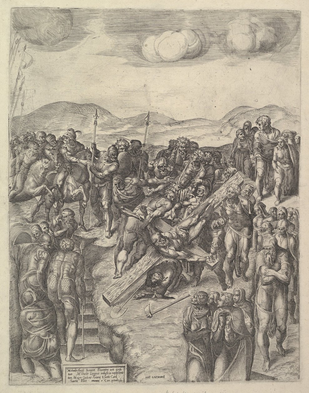 صلب القديس بطرس ، بعد اللوحات الجدارية لمايكل أنجلو في كنيسة بولين ، فيرجينيا ، 1550-60. بواسطة ميشيل لوتشيز