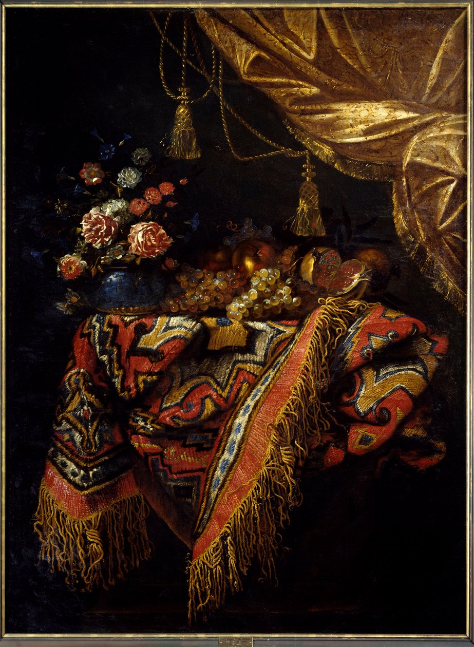 فواكه وزهور صامتة موضوعة على مفرش المائدة. لوحة لمايكل أنجلو كامبيدوجليو (1610-1670) القرن السابع عشر ، متحف رين للفنون الجميلة. بواسطة ميشيل بيس ديل كامبيدوجليو