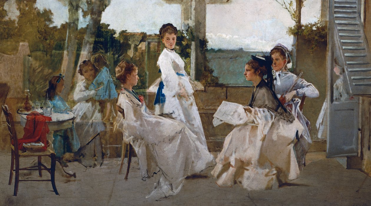 Under pergola, painting by Michele Tedesco (1834-1917), oil on canvas, 81x139 cm, Italy بواسطة ميشيل تيديسكو