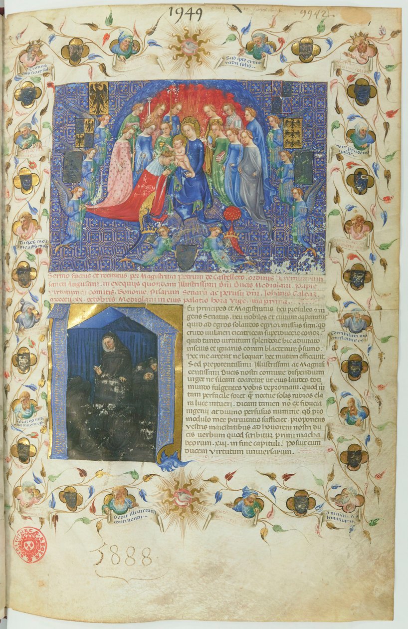 سلالة نسب عائلة فيسكونتي (BNF، م. م. ل. 5888) btv1b10020318d، و13 بواسطة ميشيلنو موليناري دا بيسوزو